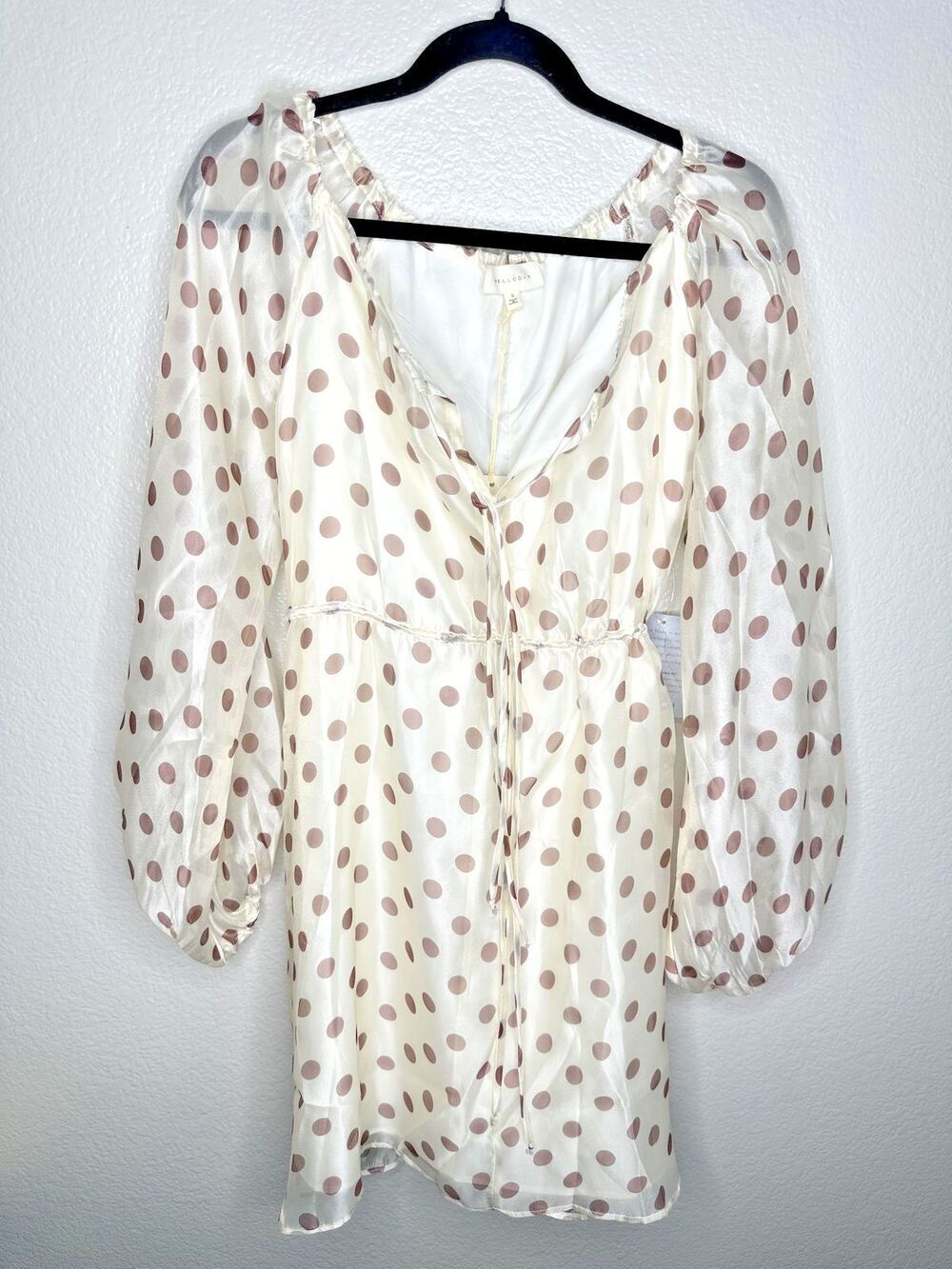NEW Melloday Dress Womens Small Long Sleeve V Neck Satin Sheer Ivory Polka Dot